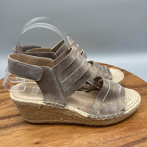 Eileen Fisher Largo Sandals 8 Platform Espadrille Wedges Platinum Metallic Suede - Picture 1 of 7
